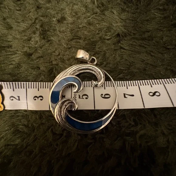 .925 Sterling Silver Wave Pendant Blue Inlay Ocean‎ Wave Nautical